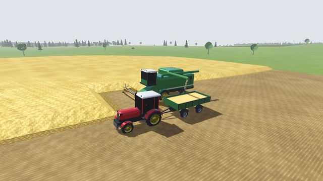 Комбайн и трактор с прицепом убирают пшеницу